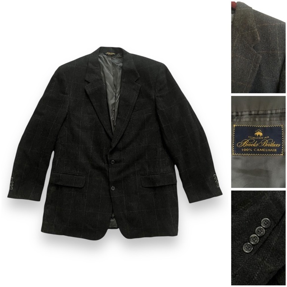 Brooks Brothers Blazer Sports Coat Jacket 100% Camelhair Windowpane Men 46 Green - Picture 1 of 9